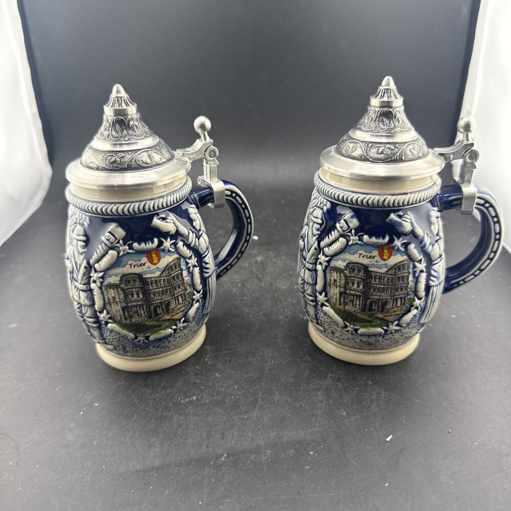 Vintage German Beer Steins Trier Kleiber Lidded Stoneware Mugs Set of 2 Germany